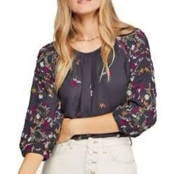 Free People Indigo Wild Flowers Printed Peasant Blouse Size Small NWT - Picture 1 of 7